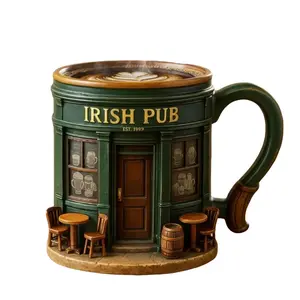 3D Resin Texture Irish Pub Theme Mug with Handle - Retro Glossy & Wax Coated, Hand Wash Only Reusable Cup for Coffee Tea, Home Office Party