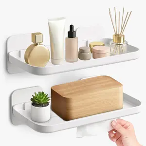 2 Pack Adhesive Floating Shelves No Drill Small Floating Shelf for Wall Storage Damage-Free Wall Mounted Organizer for Bathroom, Kitchen, Bedroom & Office (White)