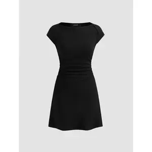 Cider [size 0-10] Cotton-blend Boat Neck Solid Ruched Mini Dress