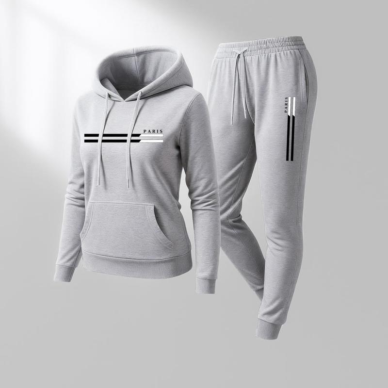 Women's PARIS Print Hoodie And Drawstring Track Pants Set, Casual Sportswear, Long-Sleeved Hooded Jacket And Pants, Suitable For Autumn And Winter, Everyday Wear, Indoor And Outdoor Sportswear, Casual Sportswear.