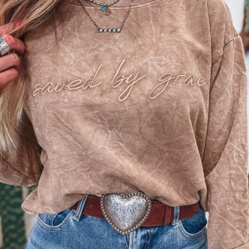 Saved by Grace Pullover - Tan Sweatshirt with Elegant Embroidery & High-Waisted Jeans Pairing Perfect for Women's Fashion Tops Hoodie Womenswear side graphic tee