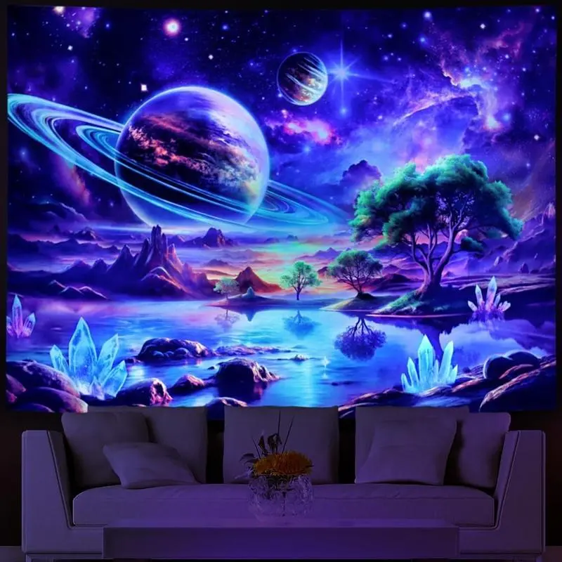 Custom Glow-in-the-Dark UV Reactive Blacklight Tapestry - Indoor Home Decor Wall Hanging, Cosmic Planet, Magical Trees, Mountain Landscape, Anime Flag Letter Print, Bedroom Backdrop, Indoors