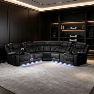 Niccae CHALLENGER Modern Style Recliner Sectional Sofa, Built in USB-C Ports & Bluetooth, made with Wood & Faux Leather in Black(NJ INVENTORY)