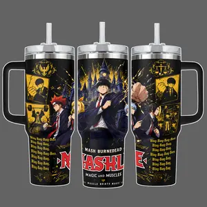 Mashle Mash Burnedead Magic And Muscles Stainless Steel Insulated Tumbler 20oz/40oz With Straw Lid, 40oz Handle Option, Black Gold Anime Cup