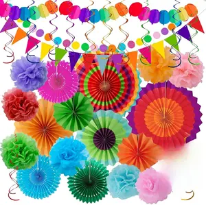 Fiesta Party Decorations - 33pcs Colorful Mexican Themed Hanging Paper Fans, Rainbow Pom Poms, Fiesta Bunting and Tissue Paper Streamers for Birthday