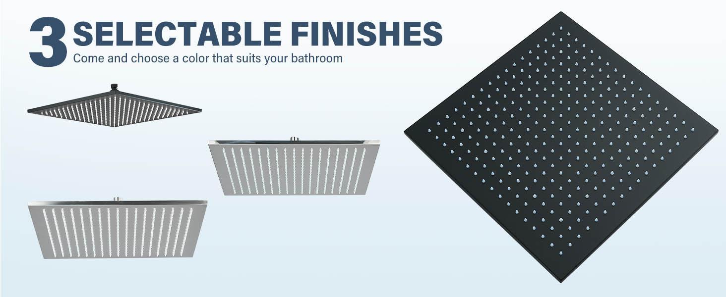 LED Rainfall Shower Head 12/16 Inch High Pressure Rotatable Ball Anti-Leak Easy Install for Water Temp Control Modern Square Matte Black Stainless Steel