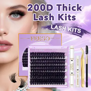 FEEGO 200D Eyelash Extension Kit D Curl 10-20mm Thick Eyelashes 160pcs Waterproof Personalized Eyelashes with Double Header Adhesive Remover Eyelash Brush Tweezer for DIY Home Makeup