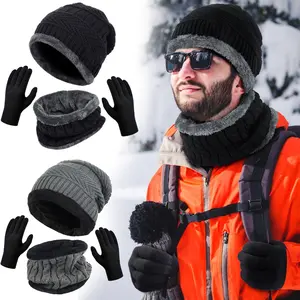 4PCS Set Thick Warm Slouchy Beanies Hat Neck Warmer Fleece Lined Hat,Cap Hat and Scarf Gloves Sets,Beanie Men Slouchy Knit Skull Cap Warm Stocking Hats Guys Women Striped Winter