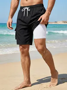 Men's Summer Casual 2-in-1 Beach Shorts with Side Pockets, Breathable Quick-Dry Board Shorts with Drawstring Elastic Waist, Beachwear, Swimming Trunks, Swimwear Shorts, Swim Bottoms