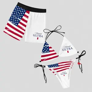 Michelob Ultra American Flag 4th of July Matching Couples Swimwear Set with Iconic Beverage Graphics Adjustable Womens Tie Side Thong Bikini & Mens Beach Swim Shorts Hawaiian Style Summer Vacation Beachwear