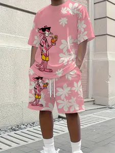 Summer Men's Fun Cartoon Sportswear Set, Streetwear Tracksuit Set, Short Sleeve T-Shirt & Floral Pants, Casual Summer Style for Travel