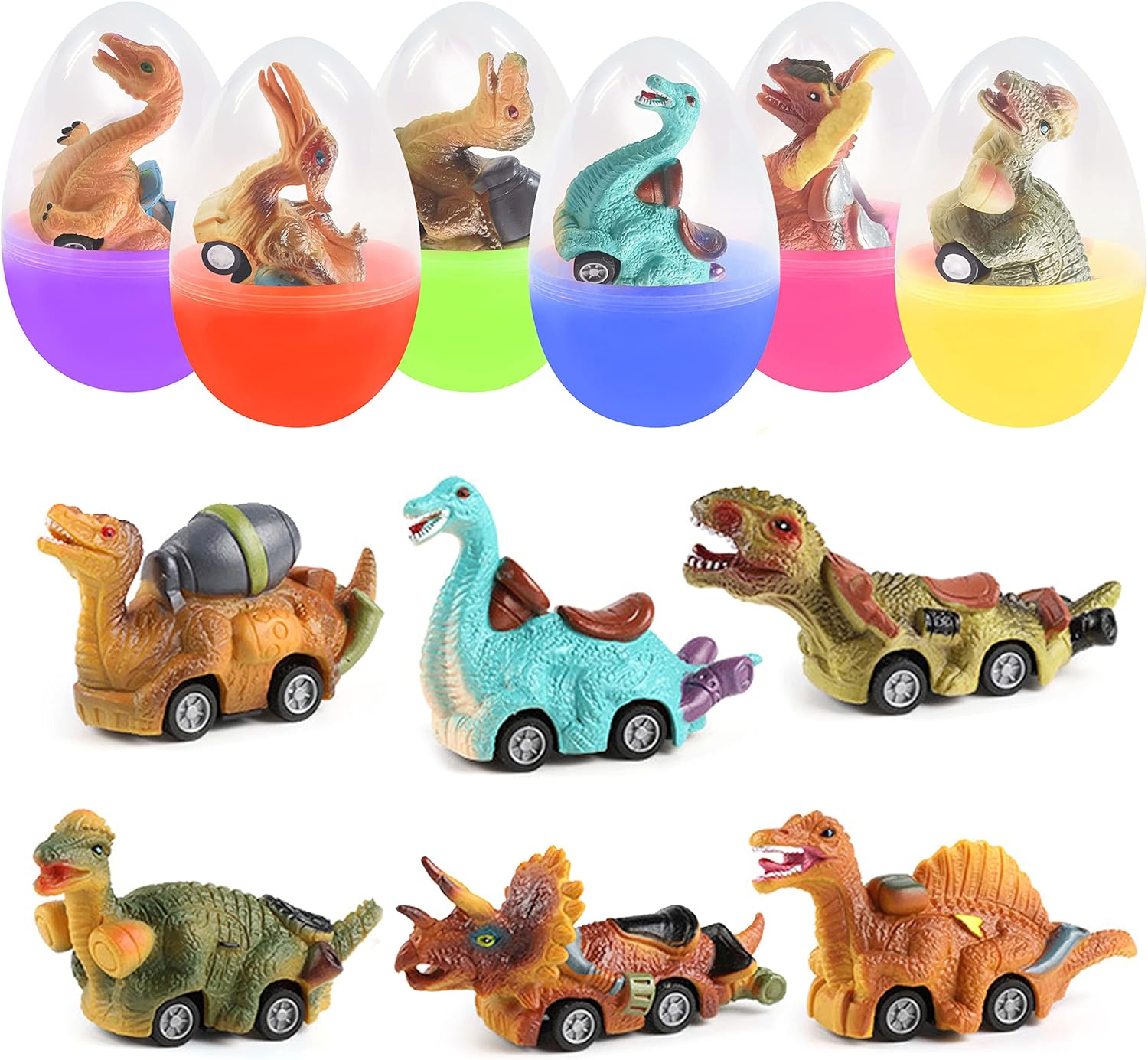 6 Pack Jumbo Easter Eggs with Dinosaur Pull Back Cars – Toys for Kids Boys & Toddlers, Easter Basket Stuffers, Party Favors, Egg Fillers Gift