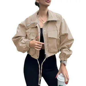 Women's Solid Zip Up Crop Jacket, Casual Fashionable Pocket Lightweight Outerwear, Ladies Spring & Fall Clothes, Everyday Coats