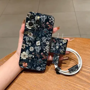 5 Piece Set Floral Pattern Aesthetic iPhone Case with Charger Head, Cable Protector, and Storage Rope, Tpu Shockproof Cover for Couples and Teens Birthday Gift