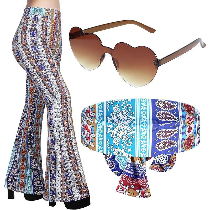 3 Pcs 60s 70s Outfit for Women Hippie Costume Set Disco Flared Pants Groovy Outfit Party Accessories Clothes Womenswear Dress Floral Headband Matching