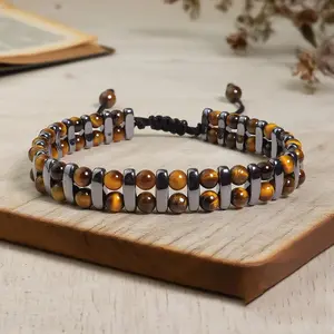 Natural Tiger's Eye and Silver Luster Crystal Bracelet, Men's Double Bead Crystal Bracelet, Adjustable Men's Crystal Bracelet - Natural Crystal - 4mm Beads, Size Fits Everyone