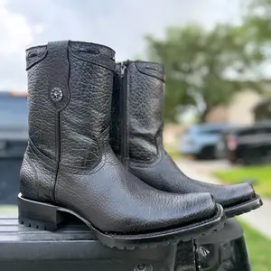 Black Leather Western Boots with Distressed Finish and Durable Sole for Men