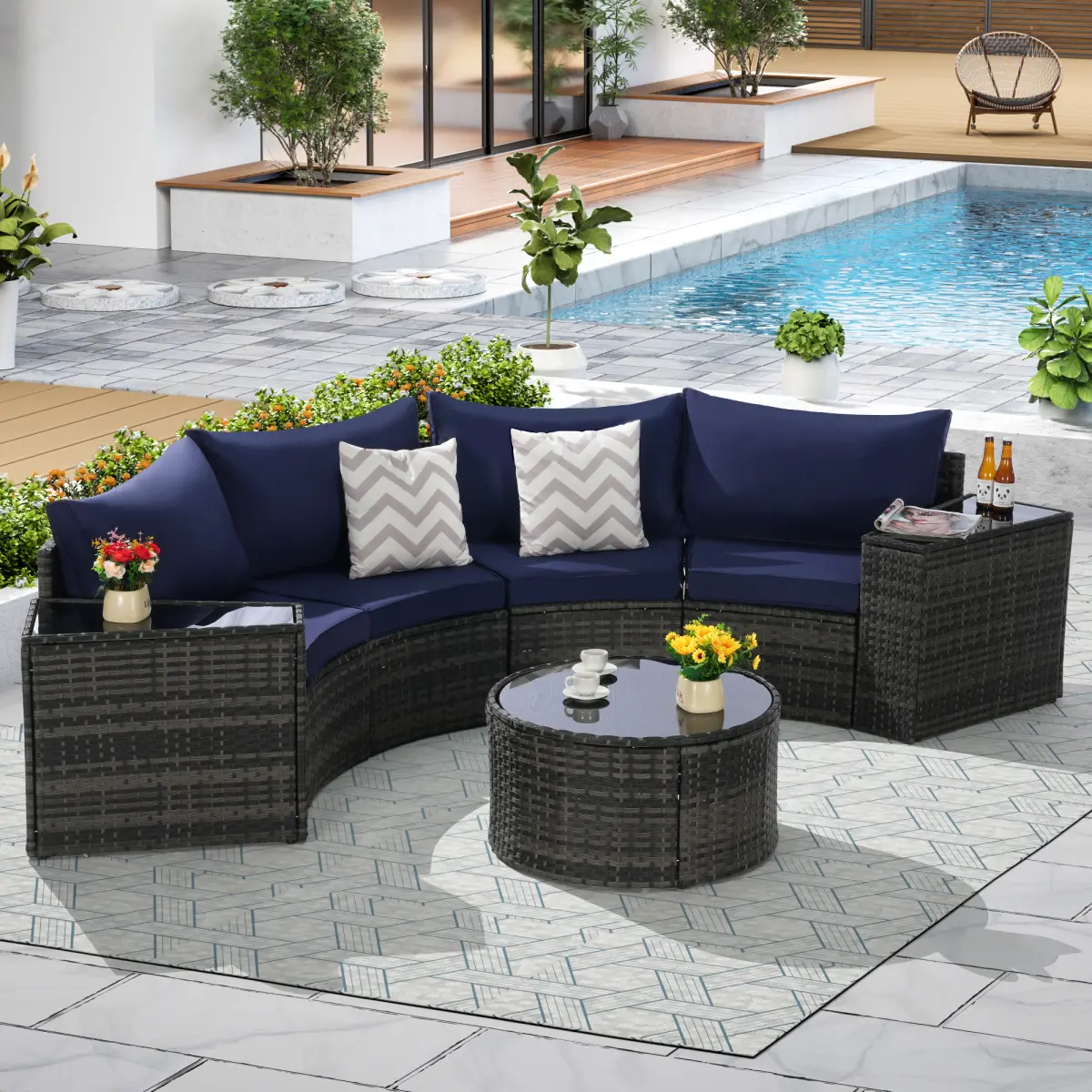 ARCH 7-Piece Half-Moon Sectional Outdoor Furniture Set with Tempered Glass Round Coffee Table, Sun Protection, Waterproof, Stable, Eco-Friendly, for Backyard Patio Decor & Watch Parties