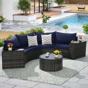 Outdoor Patio Conversation Furniture Set 7-Piece Half-Moon Sectional Round Patio Furniture Set Sofa with Tempered Glass Round Coffee Table