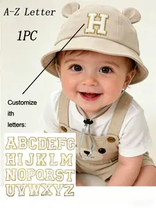 1PC A-Z Letter Pattern Sun Hat for Kids, UV Protection Wide Brim Bucket Hat with Chin Strap, Suitable for 1-3 Year Olds, Outdoor Wear, Kids Accessories, Kids Hats