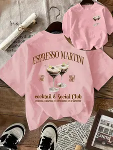 Women's Espresso Martini Drinks Print Round Neck Tee, Casual Short Sleeve T-shirt for Summer, Ladies Sleepwear for Daily Wear, Top