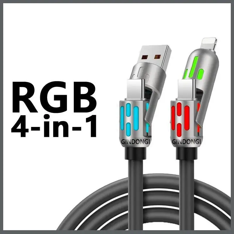 240W Super Fast Charging 4-in-1 Multi Functional Charging Cable USB-C Lightning Universal Cord with Breathing LED Light Multi Device Charger for Phones Tablets Daily Use Glowing Type-C Cable Connection Durable