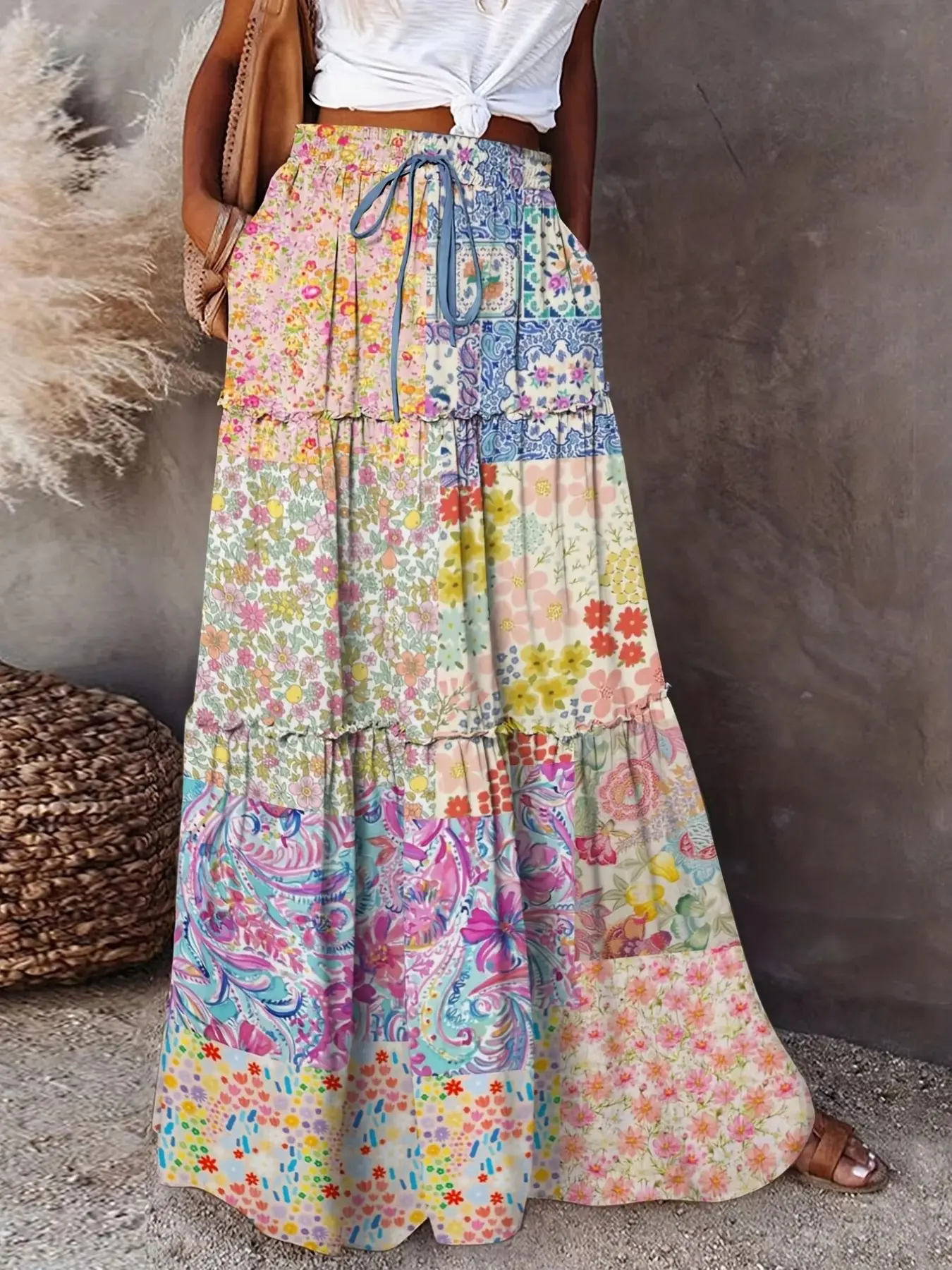 Women's Drawstring Loose Fit Printed Casual Skirt, Half-Length A-Line Design, Comfortable Daily Wear, Perfect for Spring & Fall