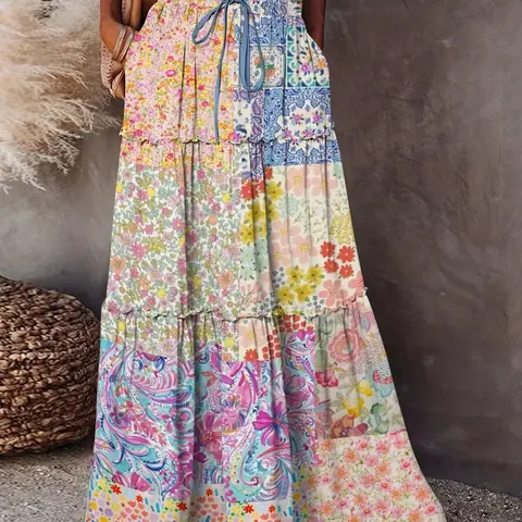Women's Drawstring Loose Fit Printed Casual Skirt, Half-Length A-Line Design, Comfortable Daily Wear, Perfect for Spring & Fall, Maxi Casual Skirt
