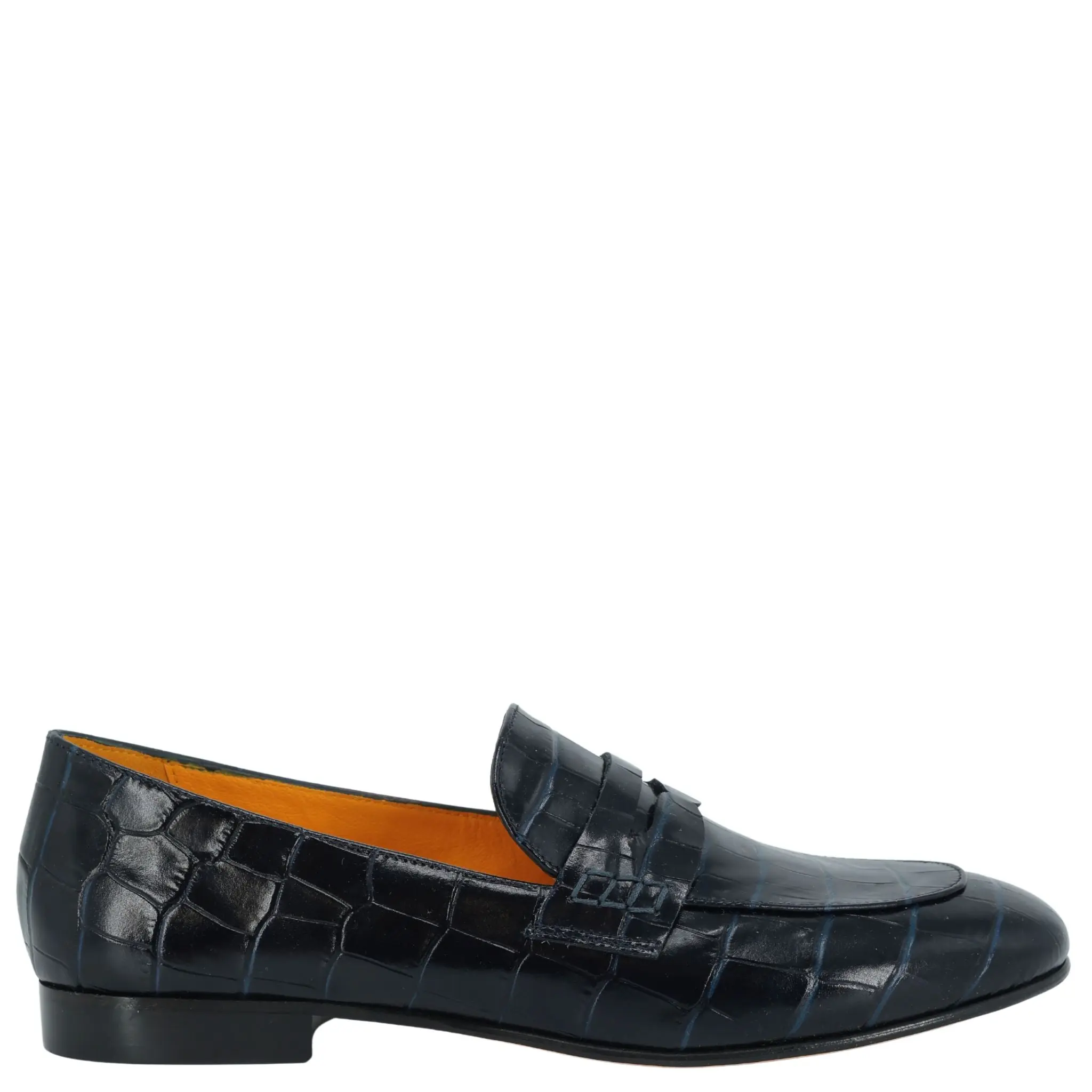 Navy Leather Flat Moc Croc Loafer