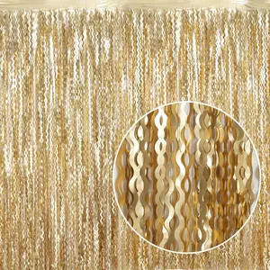 4 Pack Wavy Champagne Gold Metallic Tinsel Foil Fringe Backdrop - 3.3X6.6ft Foil Fringe Backdrop for Parties | Door Streamers for Birthday | Photo Booth Backdrops Party Decor
