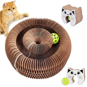 Foldable Magic Cardboard Cat Scratcher Pad with Rolling Bell Ball - Interactive Cat Toy for Indoor Cats & Kittens, Relieves Boredom & Scratching Needs