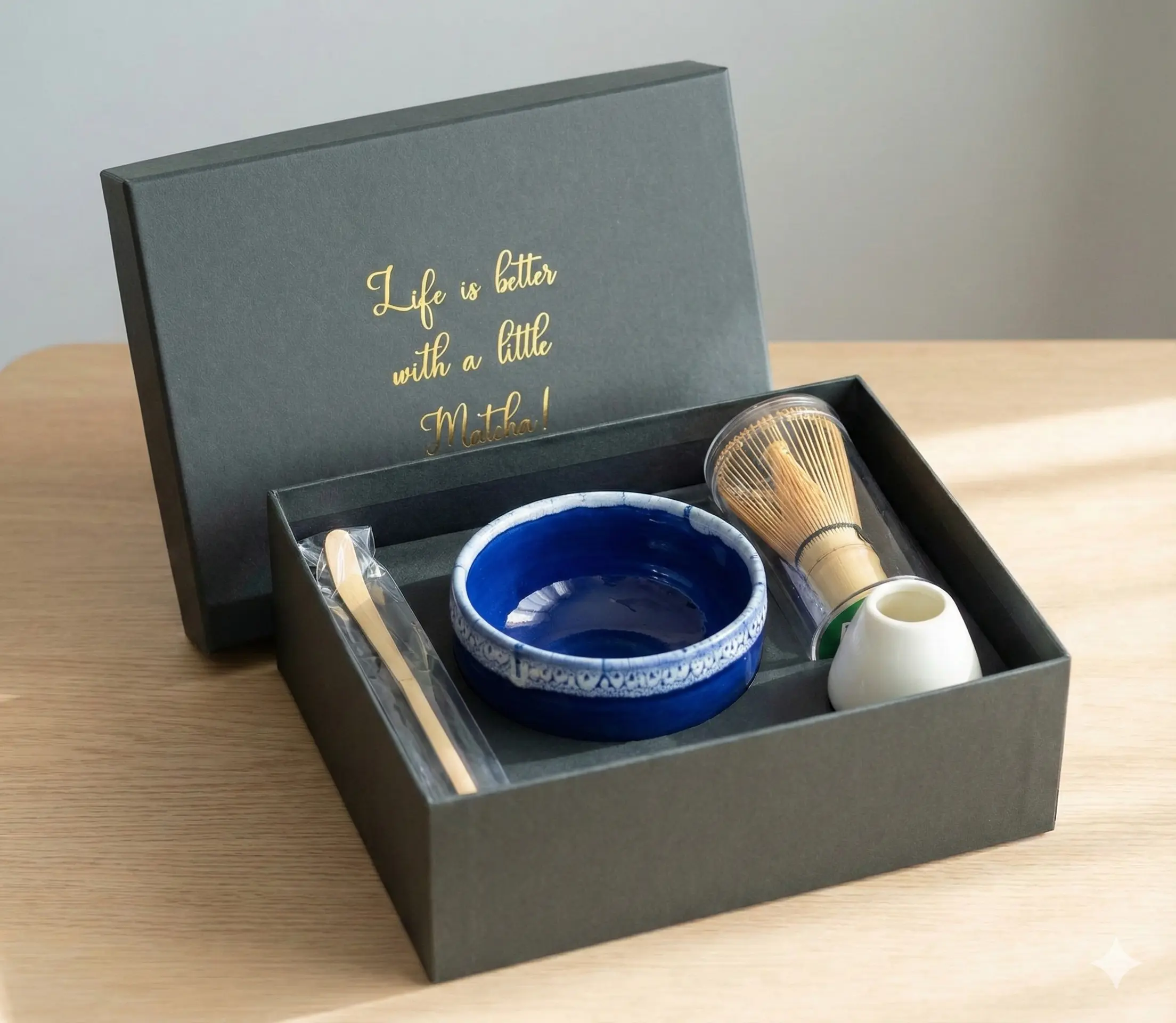 Fanale Japanese Matcha Tea Set - Includes Blue Ceramic Bowl, Whisk, and Tea Scoop in Elegant Gift Box
