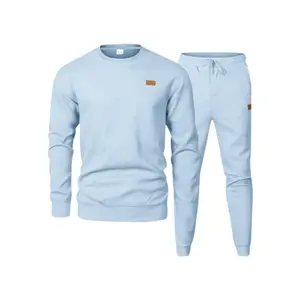 Men's Knitted Sportswear Set, Textured Sweatshirt with Drawstring Waistband Leather Tag, Soft Casual Two-Piece for Daily Wear Home Fall Winter, Textured Sweatsuit