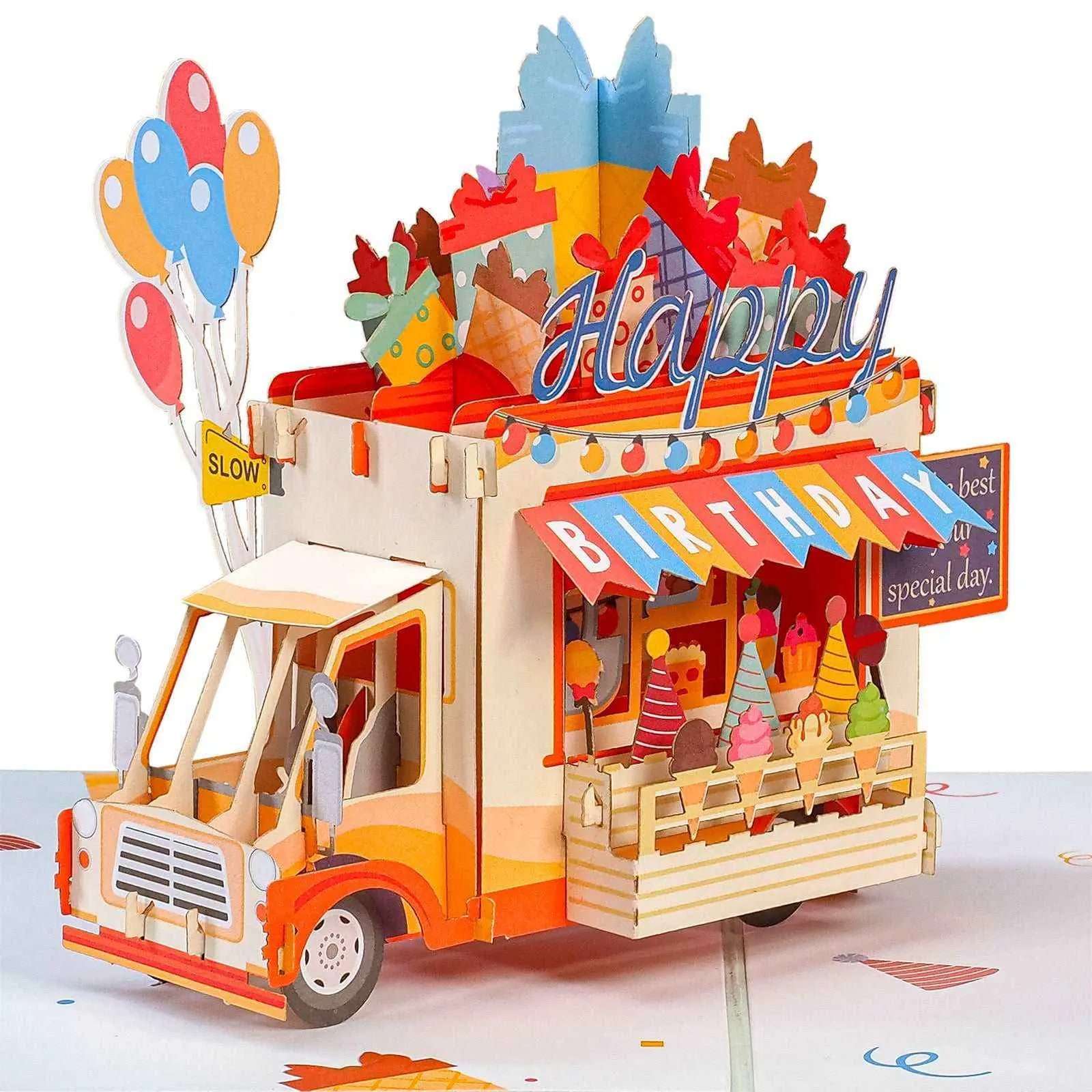 Paper Love Birthday Ice Cream Truck 3D Pop-Up Card with Vibrant Colors & Personal Message Tag for Special Day Greetings