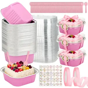 Mini Cake Pans with Lids, Aluminium Foil Pan Mini Cake Tins with Lids and Spoons, Square Individual Baking Pan Cup for Wedding Birthday Party Picnics