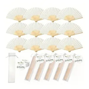 Foldable Bamboo Handheld Paper Fan Set, Wedding Fans with Tags and Hemp Rope, Elegant DIY Gift, Home Decor, Party Favors, Decorations Supplies