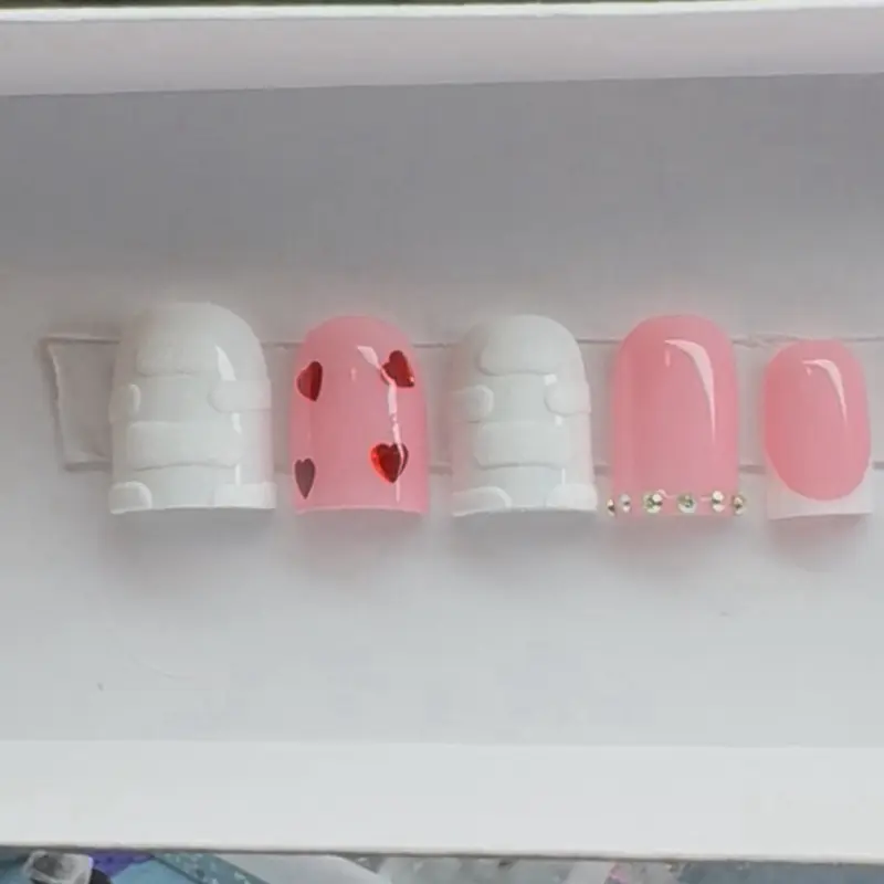 10pc handmade short valentines press on nails tapered square Nail Art White French Tip Gel