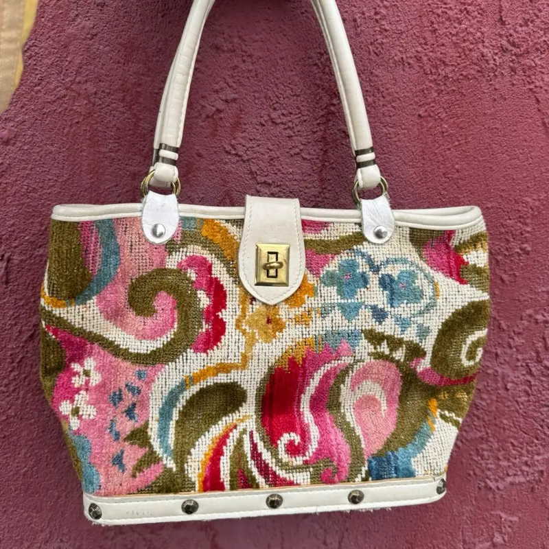 Vintage Top Handled Tapestry Bag with Gold Clasp and Decorative Details