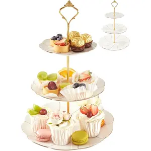 Luxury Porcelain 3-Tier Cupcake Stand, British Style Serving Tray with Golden Trim, Food Dessert Display Stand, Beautiful Gift for Tea & Home Décor
