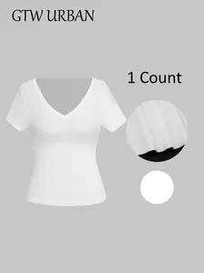 Women's V-Neck Short Sleeve Top, Plain Color Casual Basic Tee, New Arrival European & American Style, Perfect for Daily Wear