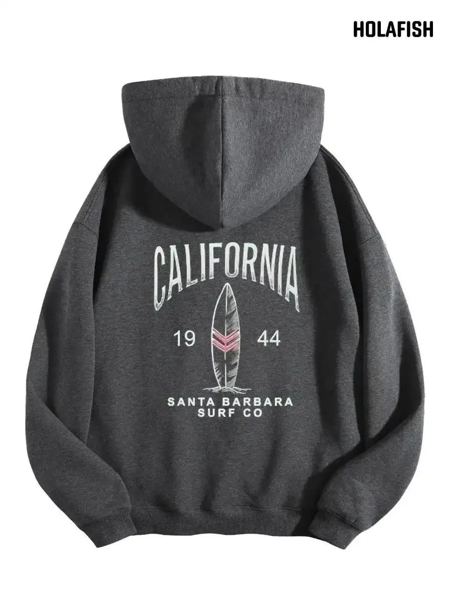 Holafish Women's Oversized Fleece Hoodie - California Santa Barbara Surf Co 1944 Surfboard Graphic Pullover, Soft Loose-Fit Long-Sleeve Retro Coastal Casual Streetwear Hooded Sweatshirt