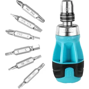 Stubby Ratcheting , 12-in-1 Multibit Short Screw Drivers,  S2 Steel, Innovated Bits Quick-Load Mechanism, with Phillips, Slotted, Torx, Square Bits Stored in Handle