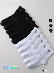 10 pairs of men's crew socks, soft, stretchy, comfortable and breathable knitted socks, suitable for daily home leisure and sports; simple and comfortable crew socks, Breathable Fabric Socks
