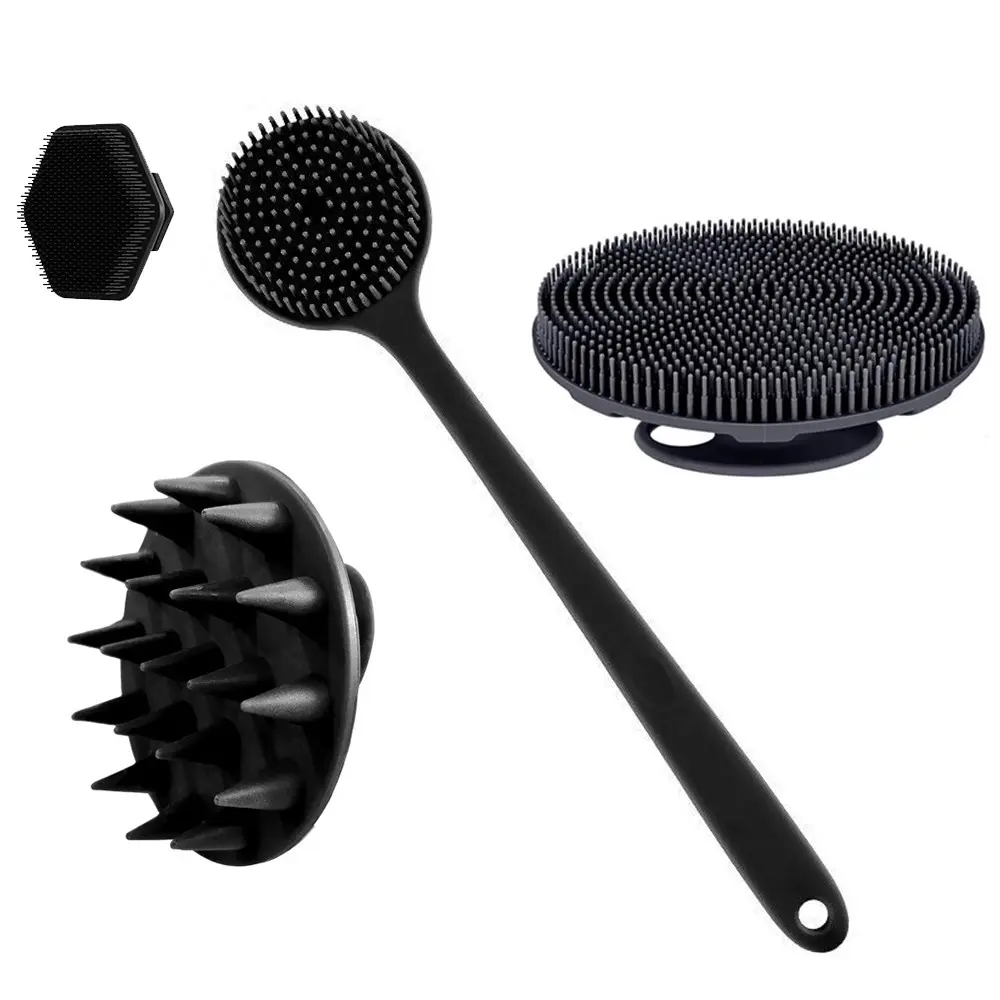 Silicone Body Brush Set, 4-Piece Long-Handle Back Cleaning, Shower, Hair-Washing and Face-Washing Brush Kit, Exfoliating Shower Scrubber Bathing Accessories, Body Care Tool, Shower Essentials
