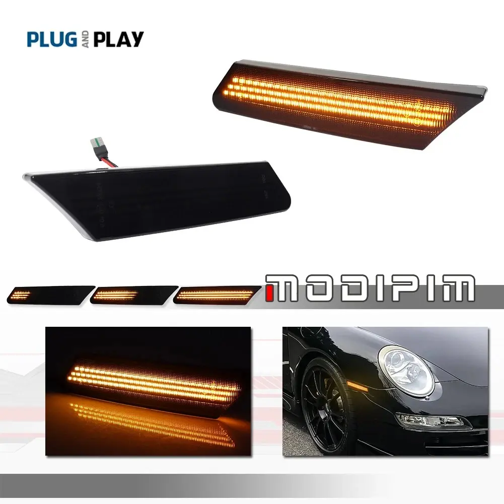 2pcs Sequential Smoked LED Side Marker lamps Lights For Porsche 911 997 987 Cayman Boxster,Replace OEM 99763103702, 99763103802