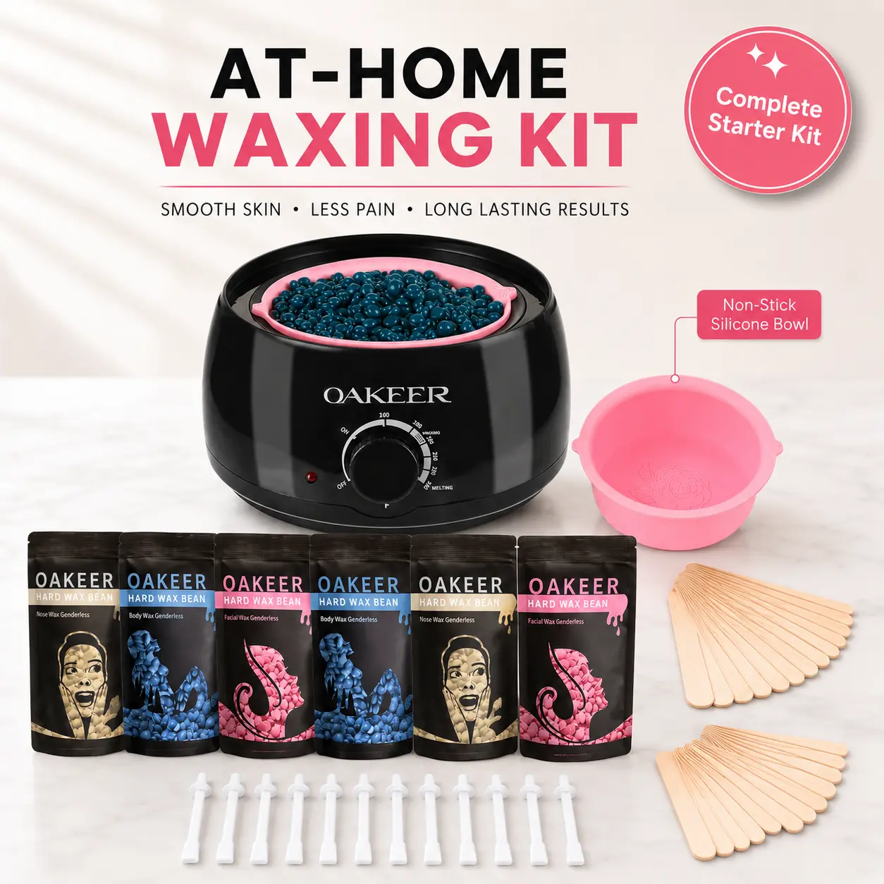 Viilife Oakeer Waxing Kit for Hair Removal, At-Home Wax Warmer with Easy-Clean Silicone Bowl, 6 Hard Wax Bags&, Bikini & Face Hair Removal | Sensitive Skin Wax Beads with Prep & Aftercare Sprays & 62 Accessories for Women & Men, Wax Hair Removal