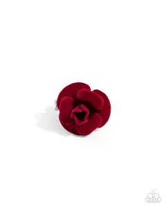 Relaxed Rosette - Red Velvet Rosette on Silver Band Stretchy Ring