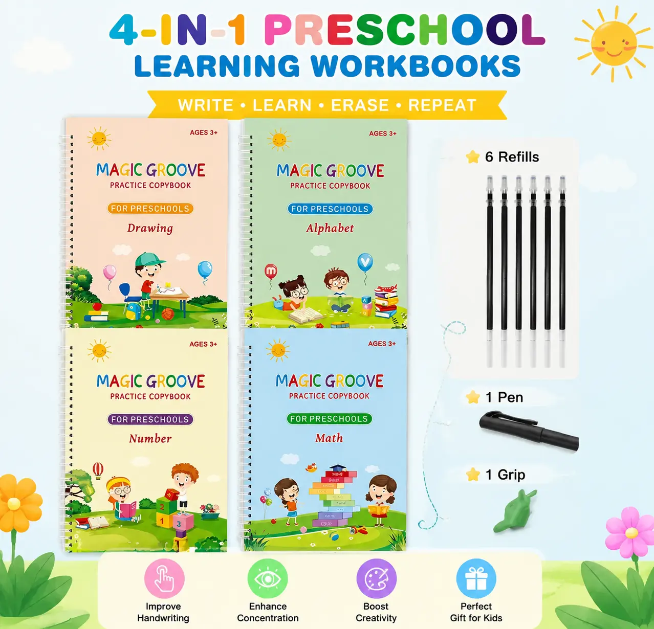 Magic Book Handwriting Practice Books Set for Kids - 4 Reusable Grooved Letter Tracing Books with Cartoon Pen, Pen Holding Aid & 10 Refills Student Essentials