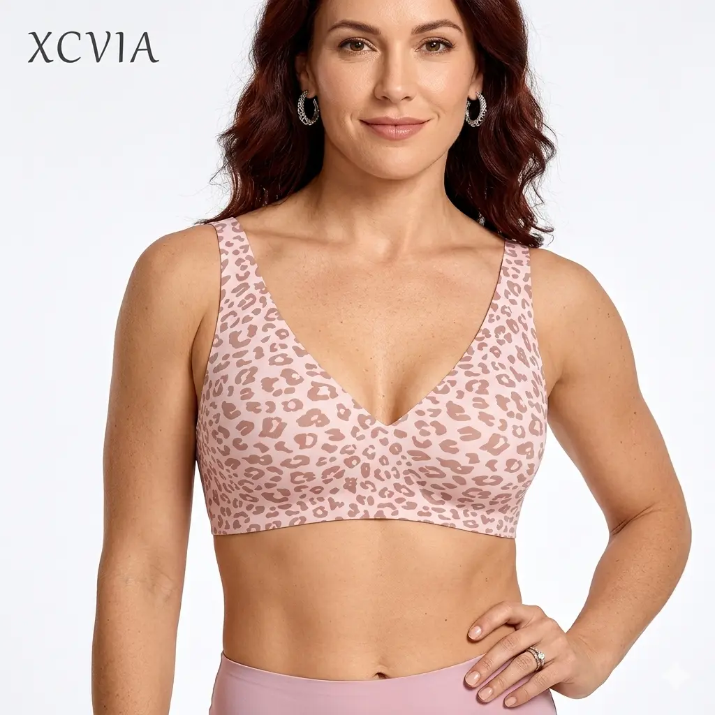 XCVIA Jelly Gel Wireless Bra | Ultra Soft Seamless Push Up Bralette for Women | Comfy Deep V Everyday T-Shirt Bra (S-3XL) Leopard