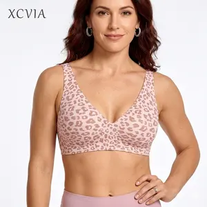 XCVIA Jelly Gel Wireless Bra | Ultra Soft Seamless Push Up Bralette for Women | Comfy Deep V Everyday T-Shirt Bra (S-3XL) Leopard